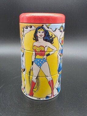 Vtg Wonder Woman Storage Tin Canister 6”x 3 1/4”
